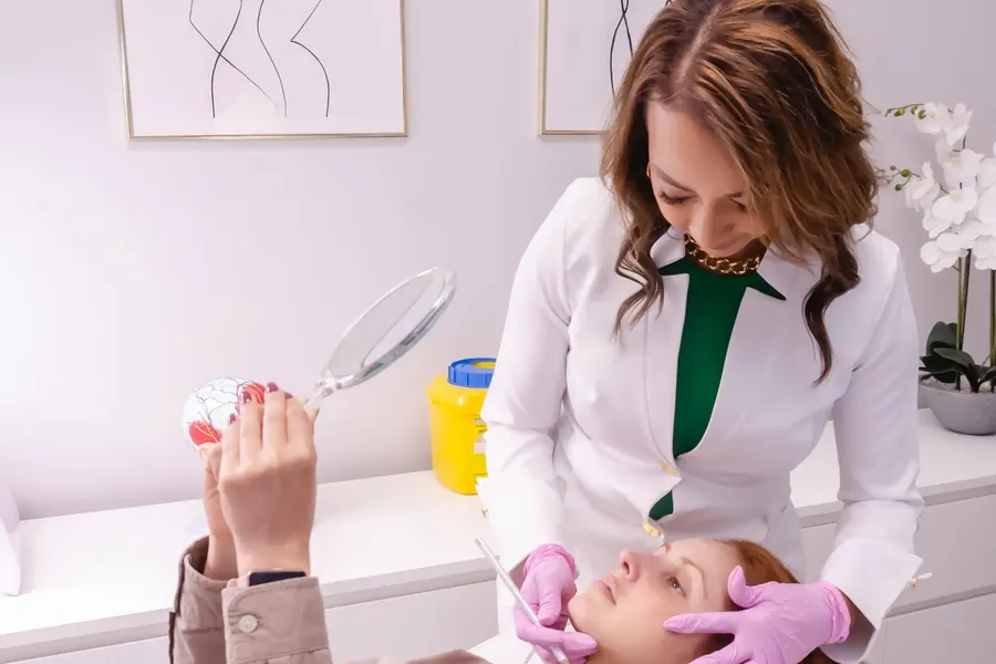 Leah showing a client the result in a hand mirror at the end of an appointment.